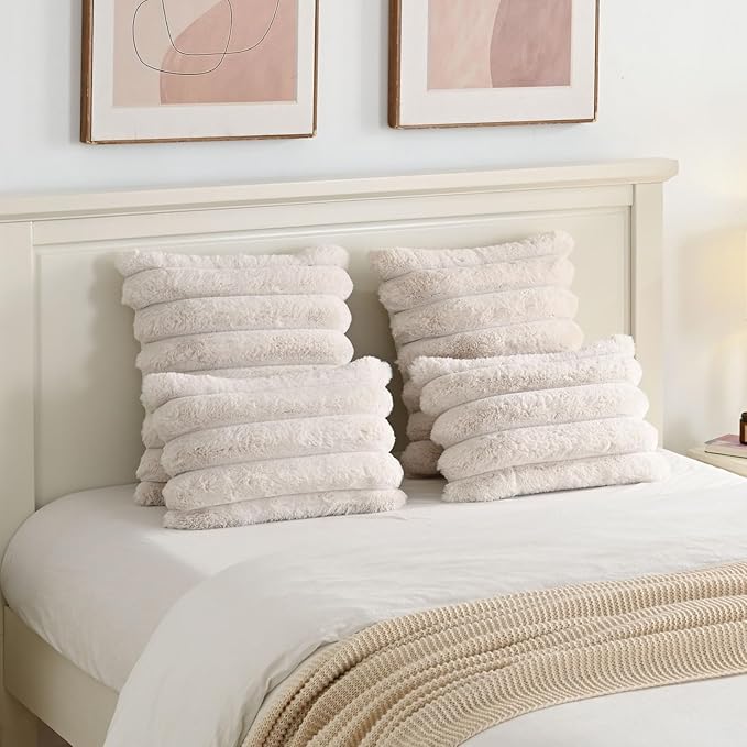 FUTEI Beige Decorative Throw Pillow Covers 16x16 Inch Set of 2, Square Soft Faux Rabbit Fur Thick Striped Cushion Cover,Winter Home Decor for Couch Bed Living Room