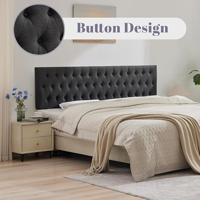 Kingfun Tufted Upholstered King Size Bed Headboard in Modern Button Design, Adjustable Solid Wood Head Board, Premium Linen Fabric Padded Headboards in Bedroom (Dark Grey)