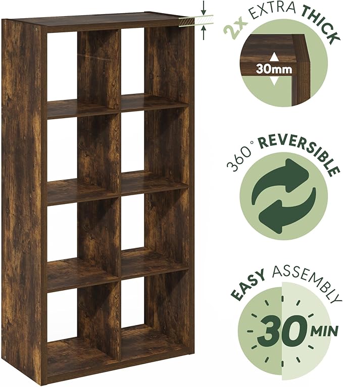 Furinno Cubicle Book Shelf, 8-Cube Thick Frame Bookshelf, Horizontally & Vertically Reversible Bookcase with Open Back, 14.6 x 30 x 57.9, for Living Room, Bedroom, Home Office, Amber Pine