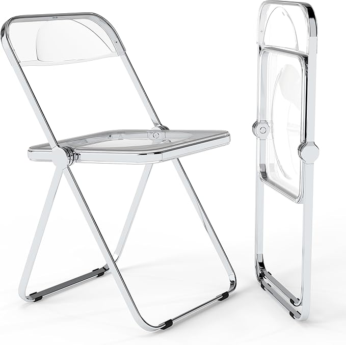 Real Relax Acrylic Folding Chairs,Foldable & Stackable Clear Chairs with Metal Chrome Frame, Indoor and Outdoor, for Home, Office, Party & Events,Set of 2,350LB,Transparent