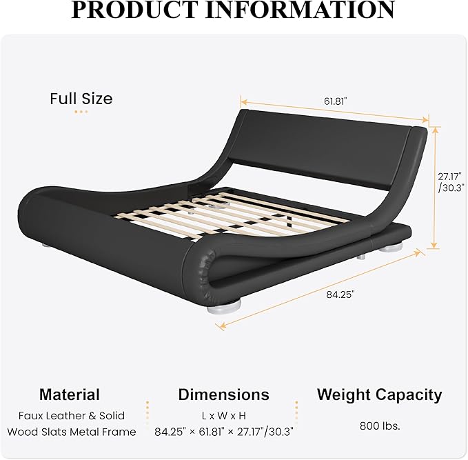 SHA CERLIN Full Size Upholstered Bed Frame, Deluxe Low Profile Sleigh Bed with Faux Leather Ergonomics Headboard, No Box Spring Needed & Easy Assembly, Black