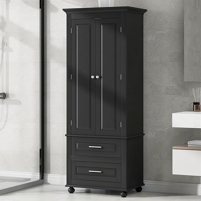 Polibi Tall Storage Cabinet with 2 Drawers, 3-Tier Adjustable Shelves & 2 Doors, Floor Freestanding Cabinet for Bathroom, Living Room, Black
