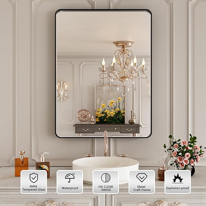 Black Bathroom Vanity Mirror 24x30 Inch,Rounded Rectangle Matte Black Mirror for Bathroom Wall,Tempered Glass,Horizontal or Vertical