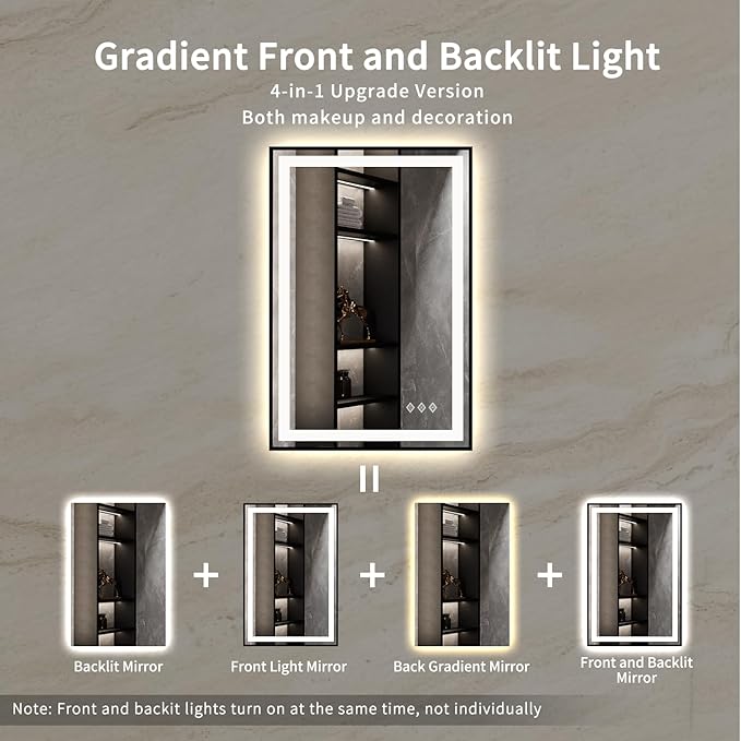 LED Mirror for Bathroom, 24x36 Inch Black Framed Gradient Front and Backlit LED Bathroom Mirror, 3 Colors Dimmable CRI>90, IP54 Enhanced Anti-Fog Bathroom Mirror with Lights