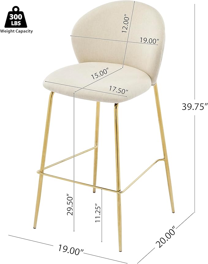 Christopher Knight Home Kira Indoor Upholstered Barstool with Metal Frame Set of 2, Bar Chairs Kitchen Stools, Comfy Fabric Bar Seating for Island Home Office, 29.5''Seat Height, Beige+Gold