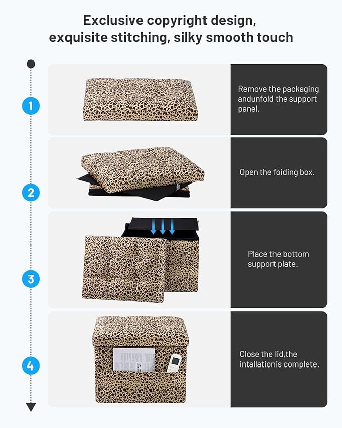 Storage Ottoman Foot Rest Stool, Small Velvet Storage Ottomans Bench, Folding Footstool with Side Pockets, Foot Rest Under Desk for Living Room Bedroom, 17x13x13 in, Leopard Print