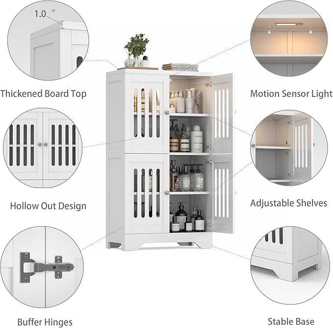 PARTPHONER Bathroom Floor Storage Cabinet with Cabinet Lights, Modern Storage Cabinet with 4 Doors and Adjustable Shelves, Buffer Hinges, White Pantry Cabinet for Living Room & Kitchen
