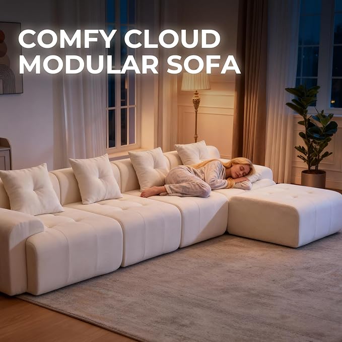 101.65” Modular Sectional Couch for Living Room, 3-Seater Cloud Sofa with Deep Seat, Woven Texture Upholstery Boneless Couch, No Assembly, Beige