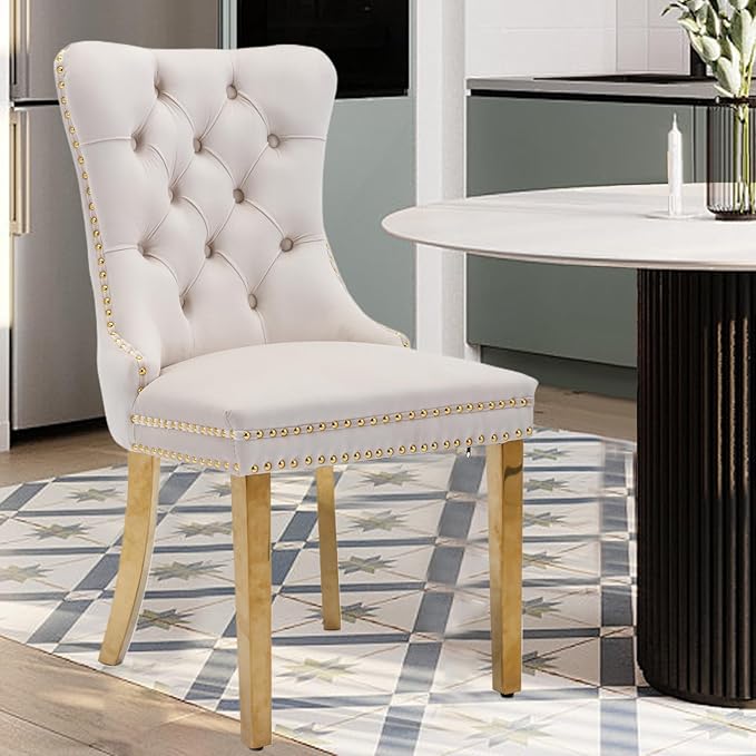 Velvet Upholstered Dining Chairs Set of 4, Modern Style Kitchen Side Chairs with Nailhead Trim and Gold Plated Leg, Metal Pulling Ring for Dining Room Living Room(Beige-Gold Plated Leg)