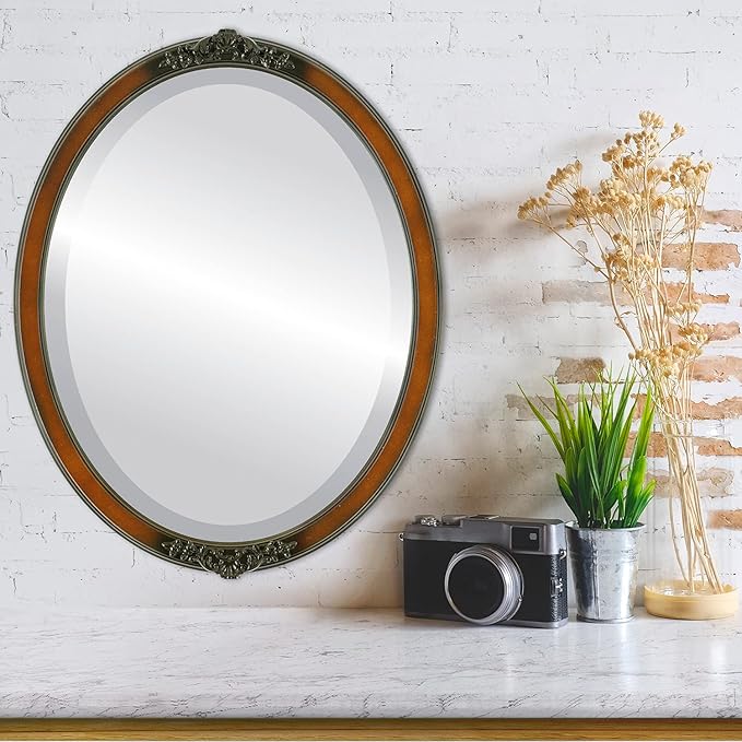 OVALCREST Oval Beveled Wall Mirror for Home Decor - Athena Style - Walnut - 18" x 14" Outside Dimensions