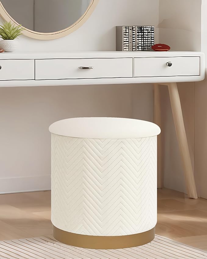 B FSOBEIIALEO Ottoman with Stroage, Round Velvet Storage Ottoman with Gold Plating Base,Foot Rest Stool for Dorm Room, Living Room White, 16.73"x16.73"x17.72"