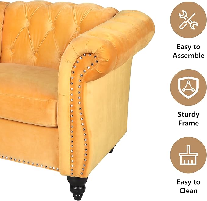 Home Sofa Living Room Furniture, 3 Seater 84" Velvet Upholstered Couch, Mid Century Modern Comfy Couch with Cushions, Classic Tufted Chesterfield Couches for Bedroom, Office, Apartment (Yellow)