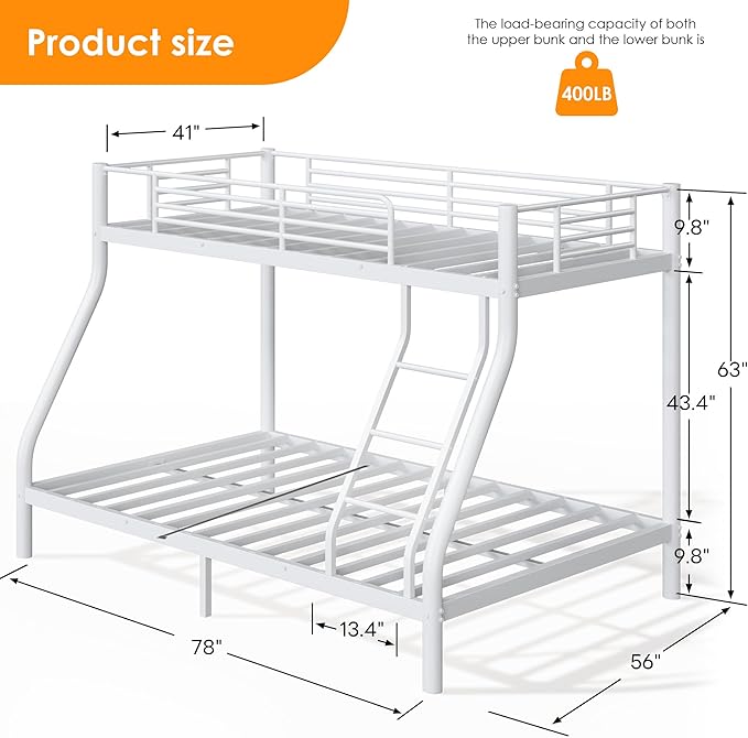 soges Twin Over Full Bunk Bed, Heavy Duty Sturdy Bunk Beds with Ladder & Guardrail, Space-Saving Metal Bed Frame for Teens Adults, White