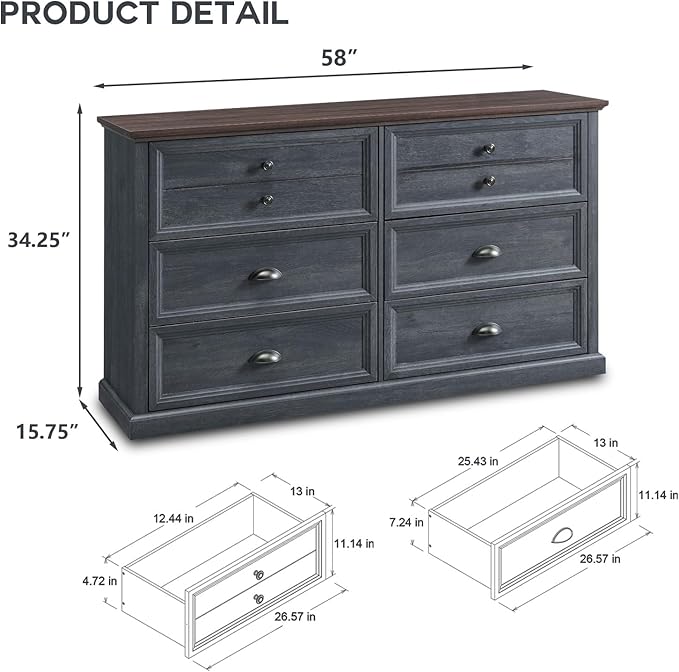 Farmhouse 6 Drawers Dresser for Bedroom, 58" Wide Dresser Chest of Drawers Organizer Storage, Wood Rustic for Closet w/Two Different Drawer Sizes for Living Room, Hallway, Dark Grey