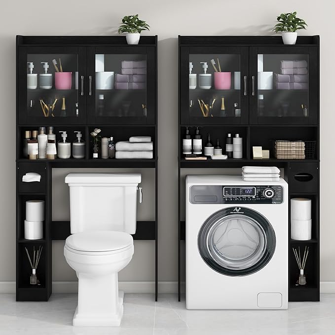 Over-The-Toilet Storage Cabinet, Farmhouse Style with 2 Acrylic Waves Doors, Space-Saving Home Storage Rack for Restroom, Bathroom and Laundry Room.Black.