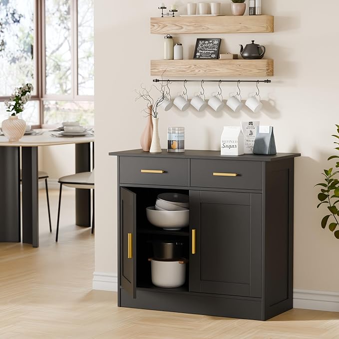 Buffet Cabinet with Storage - Buffets & Sideboards Kitchen Storage Cabinet, Wood Console Table Coffee Bar Accent Cabinets for Living Room Dining Room Entryway Small 2 Doors & Drawers, Black 35.4"W