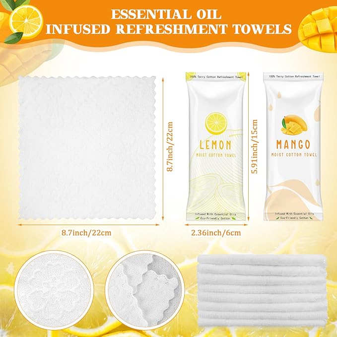 50 Pcs Moist Towelettes Individually Wrapped Scented Disposable Face Towels Essential Oil Infused Moist Terry Cotton Towel for Use Hot or Cold Travel Body Spa (Lemon Mango)