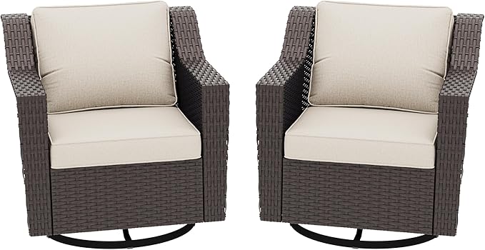Patio 2 Pieces Wicker Swivel Chairs Set of 2，Outdoor PE Rattan Rocking Glider Armchairs, Water-Resistant Cushions with Removable and Washable Covers, Porch, Balcony, Sunroom (Beige)