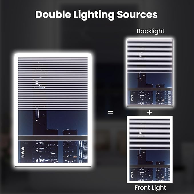 WTTY 24"X32" LED Bathroom Mirror with Black Frame, Bathroom Vanity Mirror with Lights for Wall, Front Light and Backlit, Anti-Fog, Dimmable, 3 Colors, Shatterproof, Memory, Horizontal/Vertical