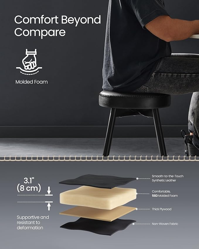 VASAGLE EKHO Collection - Dining Chairs Stools Set of 2, Upholstered Kitchen Chairs, Vanity Stools, Synthetic Leather with Stitching, Mid-Century Modern, 19-Inch Tall, Easy Assembly, Ink Black