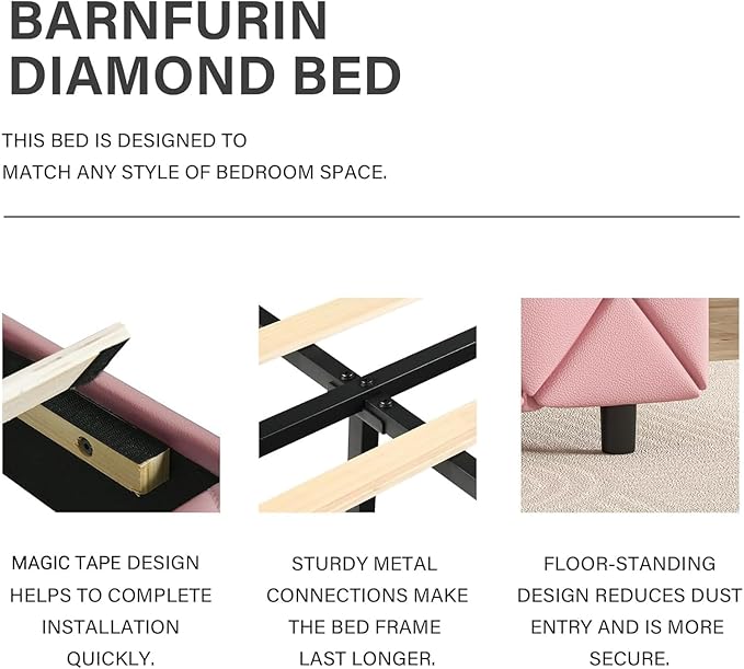 BarnFurin King Size Bed Frame, Faux Leather Upholstered Bed with Diamond Tufted Headboard, Modern King Size Bed with Wooden Slats Support, No Box Spring Required, Easy Assembly, Pink