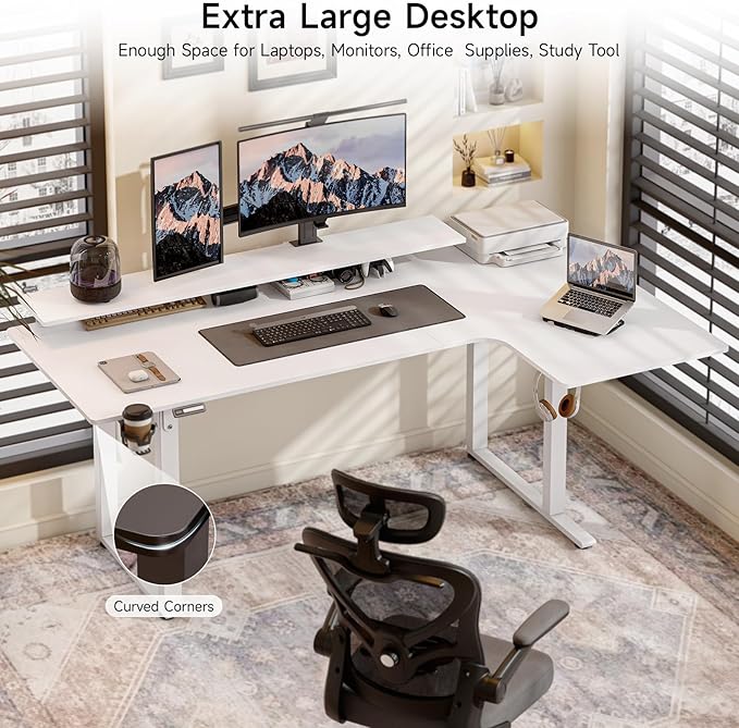 L Shaped Standing Desk, 63x43'' Electric L Stand Up Desk with 2 Adjustable Monitor Shelves, Dual Motor and Memory Controller, Adjustable Height from 28-46'' for Home and Computer Workstation, White