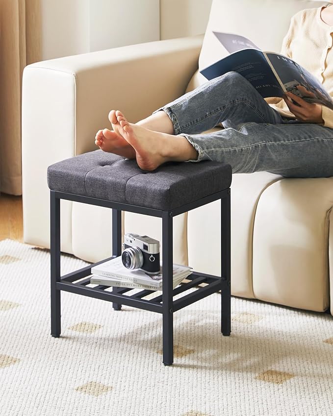 IBUYKE Rectangular Makeup Stool with Adjustable Feet and Storage Space, Footrest Chair, Linen Seat Vanity Stool, Multi-Use as Small Side Table or Ottoman, for Bedroom, Dark Gray WBD017G