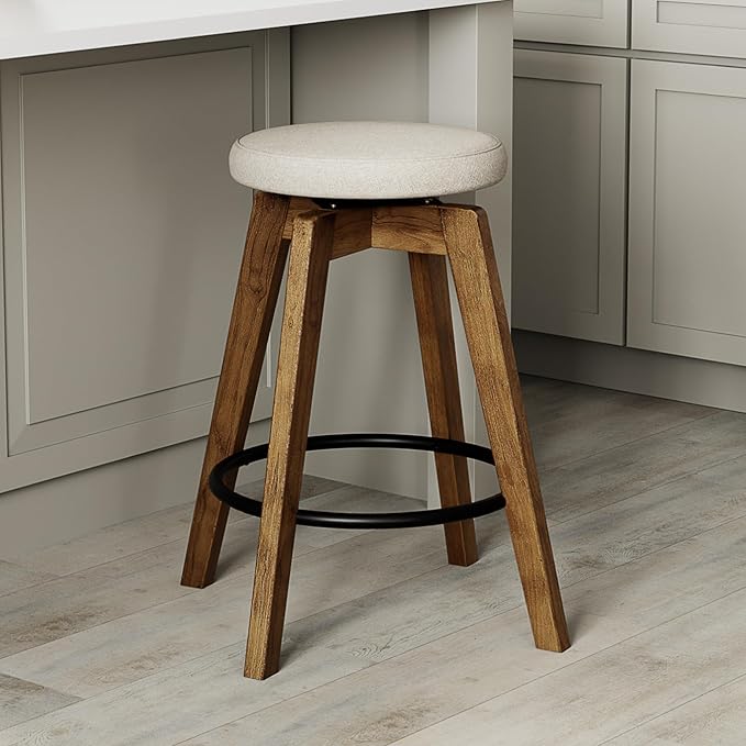 Swivel Premium Solid Wood Counter Stool 25", 360° Rotating Upholstered Cushion, Backless Bar Chair for Island, Pub, Kitchen, Dining Room (Walnut)