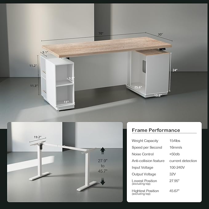 71" Standing Executive Desk with Privacy Panel, Large One-Piece Electric Height Adjustable Stand Up Desk with Charging Station, File Cabinet Storage, Home and Office, Light Walnut