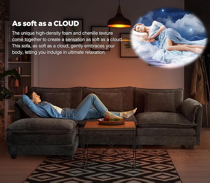 ELUCHANG 113" Modular Sectional Sofa, Comfy Cloud Couch Deep Seat Sofa Couches for Living Room, Modern Sofa with Movable Ottoman and Throw Pillows, DIY Combination - Chenille Black