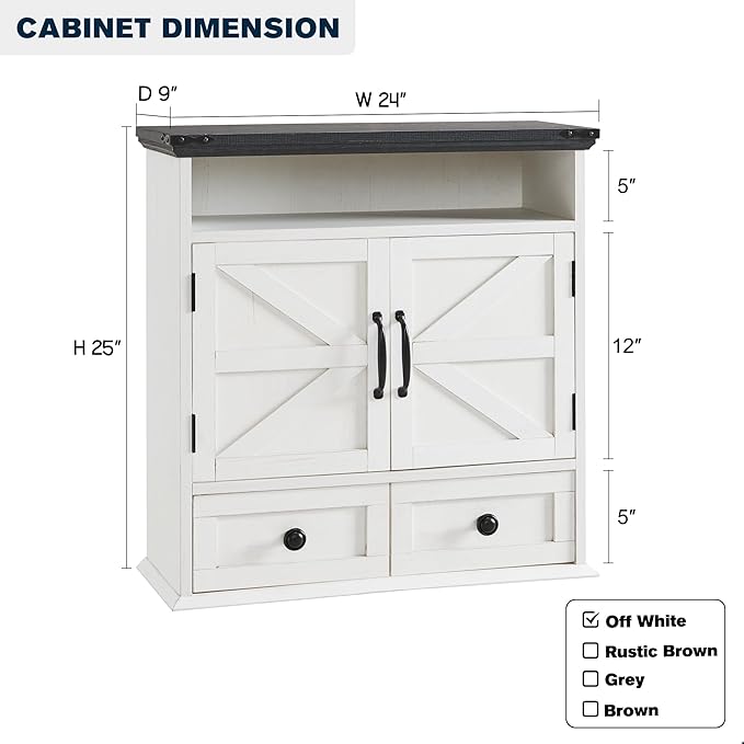ACCOHOHO Bathroom Wall Cabinet, Farmhouse 24" Wide Medicine Cabinet with Drawer, Adjustable Shelf, Double Barn Doors, Storage Cabinets for Bathroom, Kitchen, Living Room, Off White