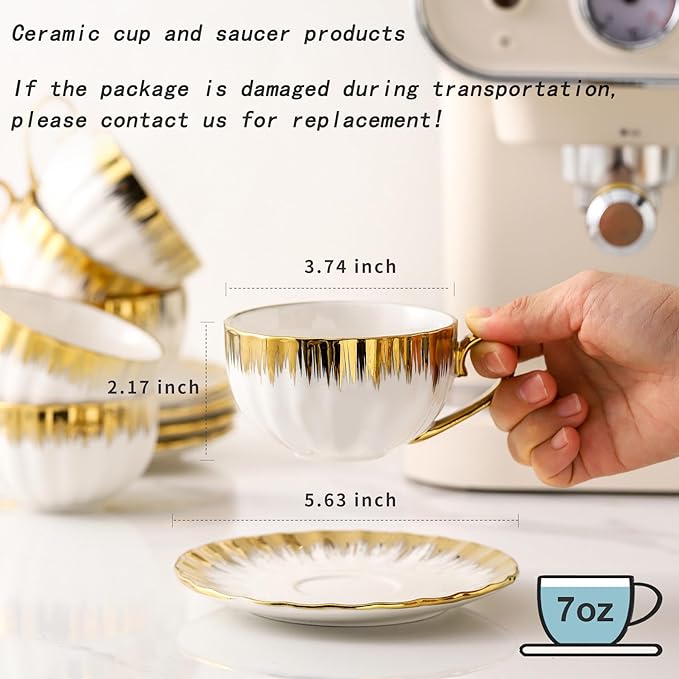 LETAOTAO Cappuccino Cups with Saucers, 7 oz Porcelain Double Espresso Cups Set, Ceramic Turkish Coffee Cups with Gold Trim, Tea Cups Set of 6, Cafe Cups for Latte, Mocha, Au Lait, White