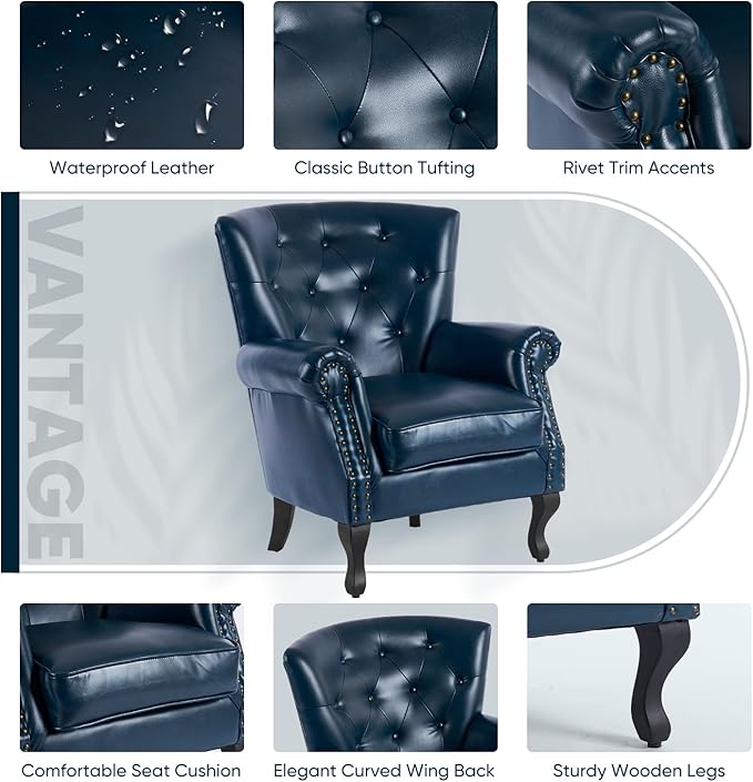MOJAY PU Leather Accent Chair Set of 2, Mid-Century Modern Armchair Living Room Club Chair with Tufted Button & Rivet Trim, Upholstered Sofa Chair with Sturdy Wood Legs for Bedroom (Navy)