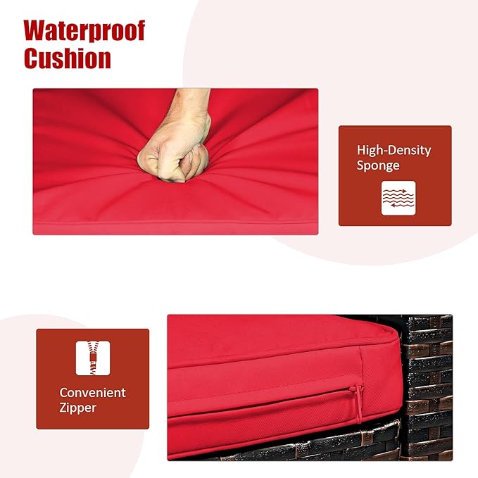 COSTWAY 3 Pieces Patio Furniture Sets, Outdoor Rattan Conversation Set with Tempered Glass Tabletop and Soft Cushion, Wicker Cushioned Chair Sofa for Backyard, Porch, Poolside, Lawn, Red