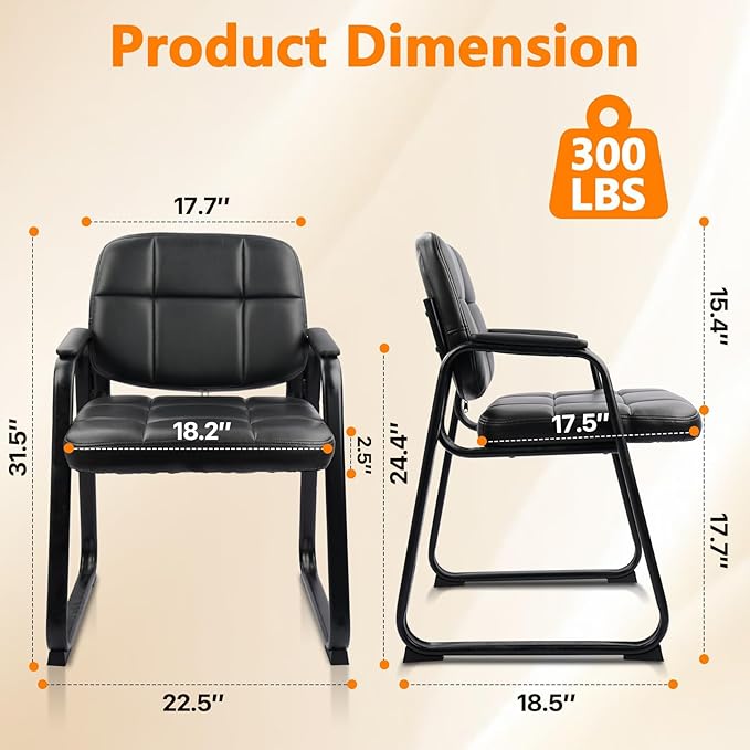 CLATINA Waiting Room Chairs with Padded Arms Leather Guest Chair no Wheels for Office Reception and Conference Desk with Sled Base Black, 2PK