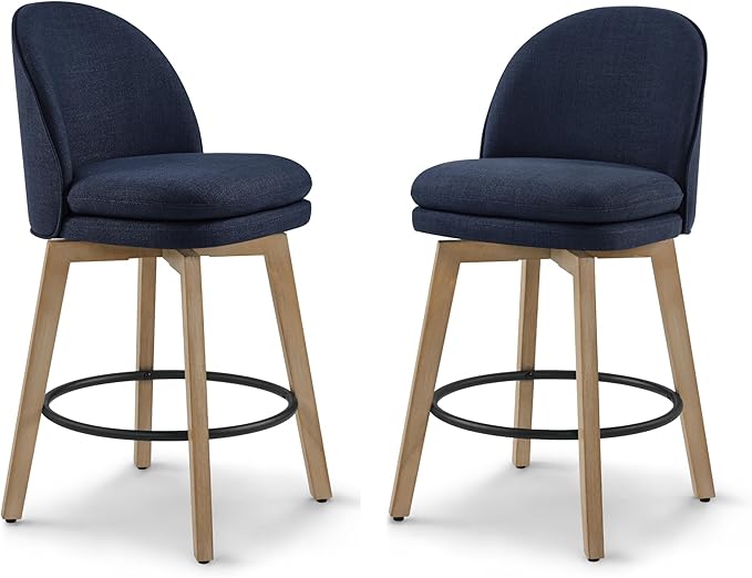 Counter Height Barstools 26 inch Upholstered Swivel Bar Stools with Back and Wood Legs for Kitchen Island,Set of 2,Blue Fabric-Armless