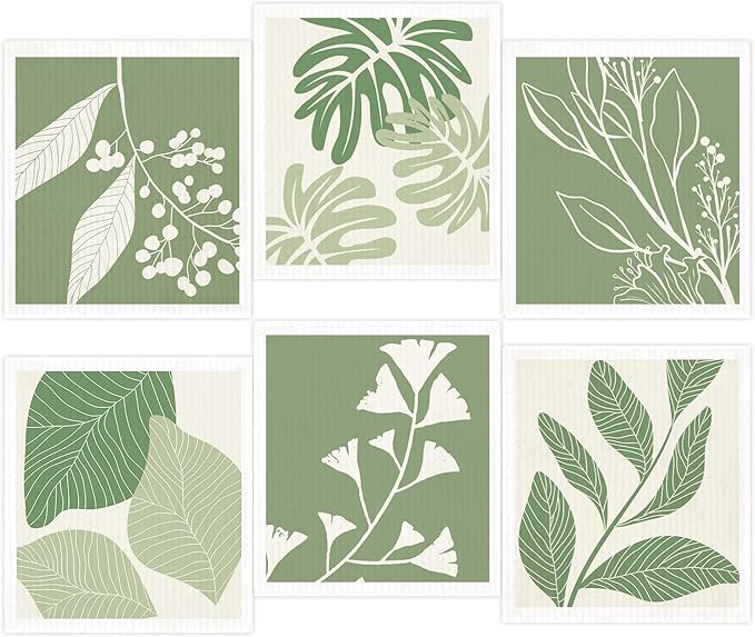 Morigins Swedish Dishcloths for Kitchen,6 Pack Green Leaves Dish Towels,Cellulose Sponge ClothsReusable Paper Towels, Biodegradable and Reusable Kitchen Dish Rags