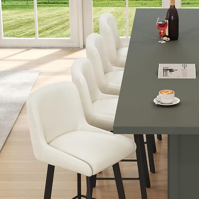 Swivel Bar Stools, 26''H Upholstered Barstools with Backs, Modern Counter Height Bar Stool Chairs for Kitchen Island, Metal Legs (Beige- Faux Leather, Set of 4-26" H)