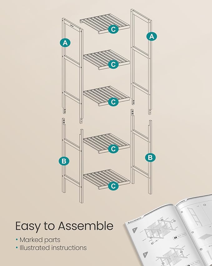 SONGMICS Bamboo Storage Shelf, 5-Tier Shelving Unit, Multifunctional, in The Entryway, Bathroom, Living Room, Balcony, Kitchen, 13 x 13 x 57.5 Inches, Cloud White and Light Bamboo UBCB055N01