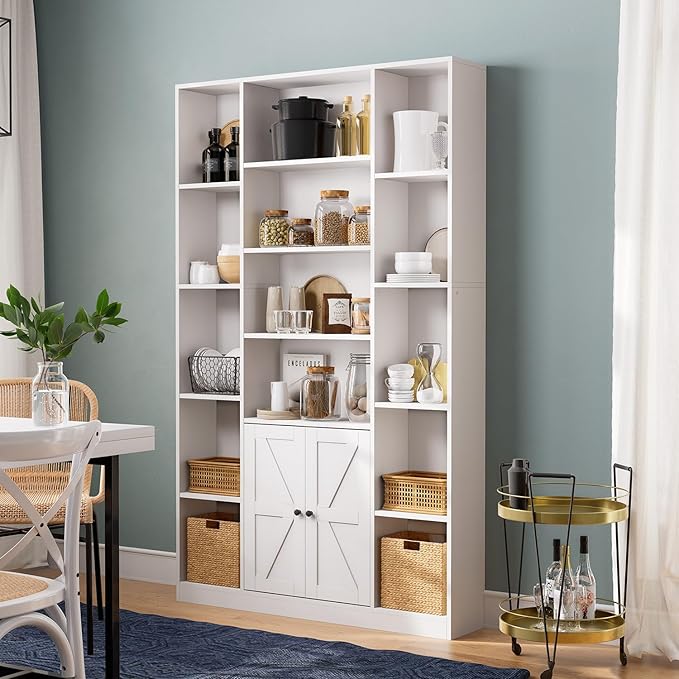 MXV 74" Tall Bookshelf, White Bookcase with Doors and Storage Space, Large Display Shelf for Home & Office, Living Room, Bedroom, Kitchen