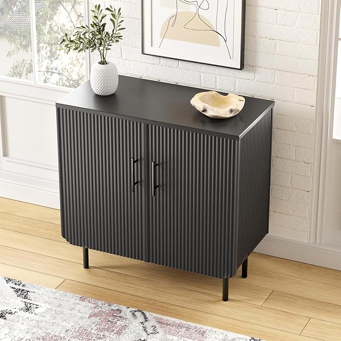 Modern Fluted Black Storage Cabinet with 2 Doors, Adjustable Shelves, and Metal Legs, Accent Buffet Sideboard for Living Room, Dining Room, Entryway (Black)