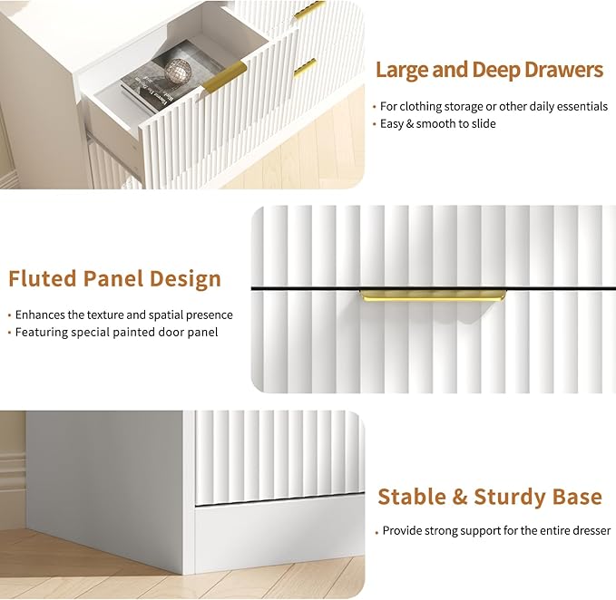 White Dresser for Bedroom with 9 Drawers, 63” Wide White Fluted Dresser Modern Chest of Drawers with Gold Handles, Wooden TV Stand Storage Organizer for Bedroom, Living Room