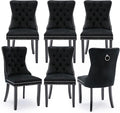 Velvet Upholstered Dining Chairs Set of 6, Modern Style Kitchen Side Chairs with Nailhead Trim and Wood Legs,Metal Pulling Ring for Dining Room Living Room(Black,Set of 6)