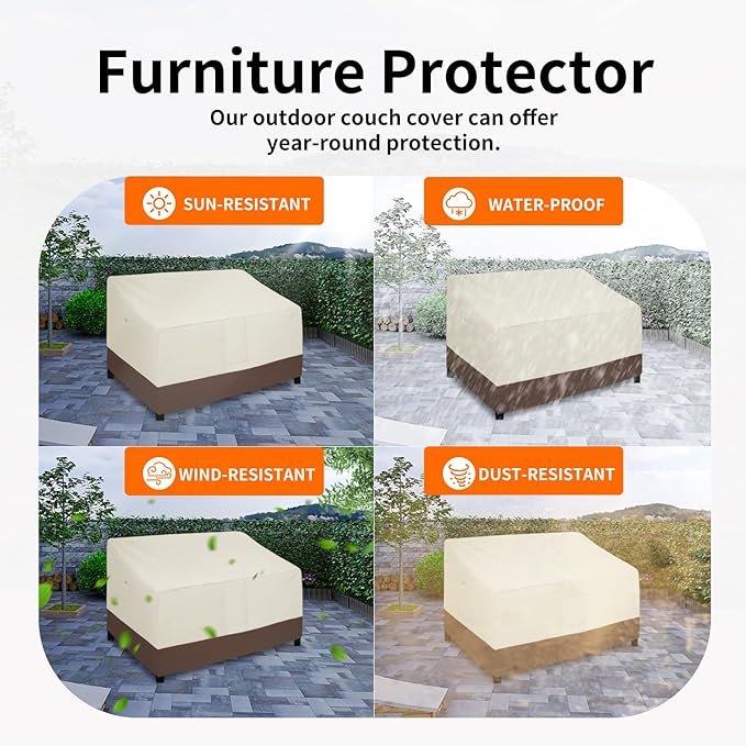 Easy-Going Waterproof Outdoor Couch Cover, Heavy Duty 3-Seater Patio Sofa Cover, Winchdproof Outdoor Furniture Cover with Air Vent (62Wx40Dx33H inch, Beige/Dark Brown)