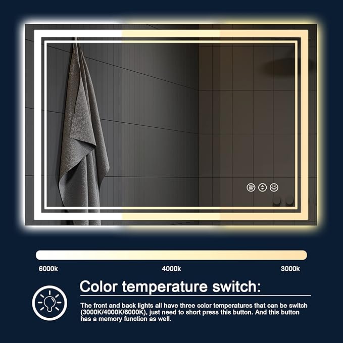 48 x 30 Inch LED Bathroom Mirror with Lights, Front and Backlit Anti-Fog Dimmable Memory Lighted Bathroom Vanity Mirrors for Wall, Shatterproof Led Mirror for Bathroom