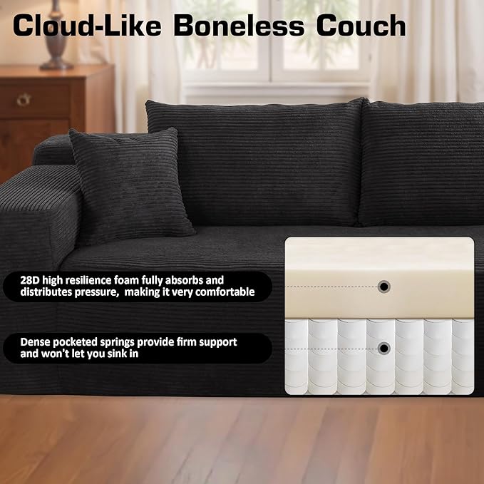 106" Cloud Sectional Couch with Chaise Lounge,L Shaped Modular Modern Sofa,Comfy Corduroy Fluffy Sofa with Deep Seat,No Assembly Required Couch for Living Room(Right,Stripe Corduroy,Black)