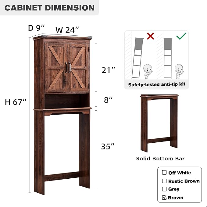 ACCOHOHO Over The Toilet Storage Cabinet, Farmhouse Bathroom Cabinet with Adjustable Shelf & Barn Door, 67" Tall Over The Toilet Shelf, Brown