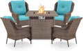 Outdoor Patio Chairs with Fire Pit Table 5 Piece Set - High Back Brown Wicker Rattan Lawn Chair with Thick Cushion for Porch Apartment Deck Yard Poolside Garden - Turqoise