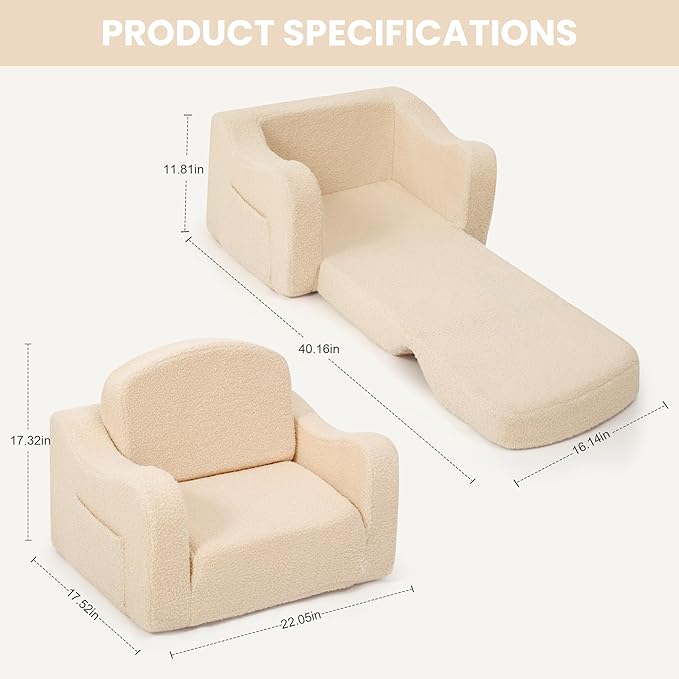 Comfy Toddler Chair & Kids, 2-in-1 Soft Couch Fold Out for Kids, Toddler Chairs Comfy 1-3 Years Old, Convertible Plush Sofa to Lounger for Girls and Boys, Beige