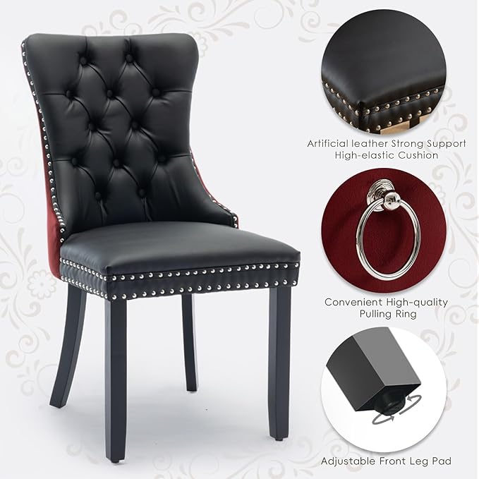 Leather Upholstered Dining Chairs Set of 4, Modern Style Kitchen Side Chairs with Nailhead Trim and Wood Leg, Metal Pulling Ring for Dining Room Living Room(Black&Wine Red)